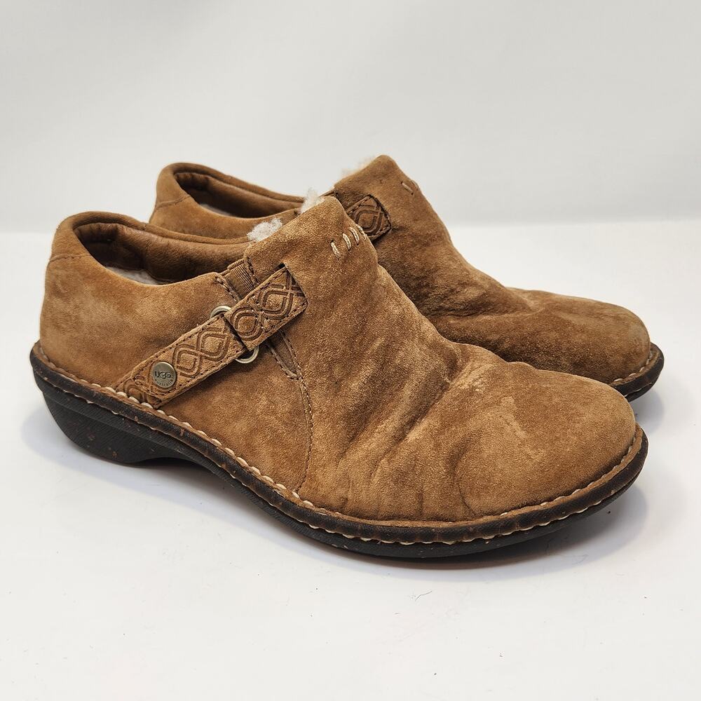 Ugg Women Oleander Shearling Brown Suede Clog Shoes Size 7 Slip On Casual
